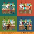 Vector flat friends in bar counter and barman drink alcohol beer