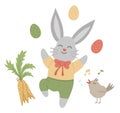 Vector flat funny bunny with colored eggs, carrot and singing bird. Cute Easter illustration. Spring holiday picture isolated on