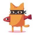 Vector flat funny cute cartoon cat mascot with fish. Royalty Free Stock Photo