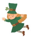 Vector flat funny fairy in green traditional clothes and hat with shamrock. Cute St. PatrickÃ¢â¬â¢s Day illustration. National Irish