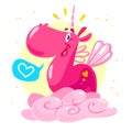 Vector flat funny unicorn character portrait sitting on pink cloud