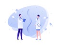 Vector flat genetic science people illustration. Scientist team work with rna spiral and pills symbol. Concept of gene therapy, Royalty Free Stock Photo