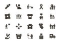 Vector flat glyph icons related with humanitarian causes - volunteering, adoption, donations, charity, non-profit organizations,