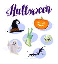 Vector flat halloween card, banner, poster, placard, party invitation, flayer design elements. Royalty Free Stock Photo