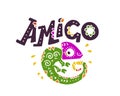 Vector flat hand drawn illustration with funny smiling chameleon and lettering Amigo isolated on white background.