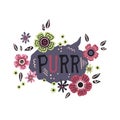 Vector flat hand drawn lettering: Purr - surrounded by plants and flowers.