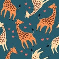 Vector flat hand drawn. Pattern. Giraffes with hearts