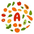 Vector flat hand drawn veggies and fruits rich in vitamin A