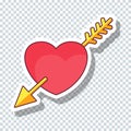 Vector flat heart pierced by an arrow sticker for Valentine`s Day
