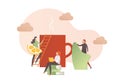 Vector flat hello autumn illustration. Small female characters around cup of hot drink, blanket and pile of book. Design element
