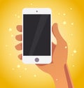 Vector flat human hand holding smartphone illustration. Royalty Free Stock Photo