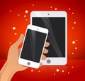 Vector flat human hand holding smartphone illustration. Royalty Free Stock Photo