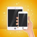 Vector flat human hand holding smartphone illustration. Royalty Free Stock Photo