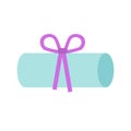 Web Vector flat icon of an elegant blue cylindrical gift box with purple bow. Element of decoration.