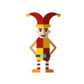 Vector flat icon of the royal jester fool in funny clothes and a hat with bells. Jester fool from royal court or circus Royalty Free Stock Photo