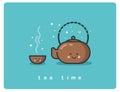 Vector flat icon of tea time, Tea pot and cups cute cartoon characters Royalty Free Stock Photo