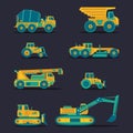 Vector flat icons set of construction vehicles. Road engineering signs. Industrial machinery symbols. Royalty Free Stock Photo