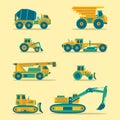 Vector flat icons set of construction vehicles. Road engineering signs. Industrial machinery symbols. Royalty Free Stock Photo