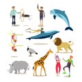 Vector flat icons set of dolphinarium, circus and zoo characters Royalty Free Stock Photo