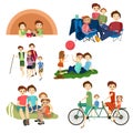 Vector flat icons set of family characters camping, hiking