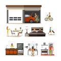 Vector flat icons set of house interior, family characters