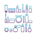 Vector flat icons of a woman`s cosmetic and beauty products. Royalty Free Stock Photo