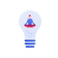 Vector flat idea meditation illustration. Sitting woman inside light bulb sign on sky background. Concept of creativity, life work Royalty Free Stock Photo