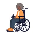 Vector flat illustration of african-american old woman in a wheelchair with a camera in hands. Hobby as treatment Royalty Free Stock Photo