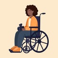 Vector flat illustration of a african girl in a wheelchair with a camera in hands. Clipart Black woman photographer. Hobby as Royalty Free Stock Photo