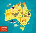 Vector flat illustration of Australia continent, animals and plants: parrot, camel, kangaroo, crocodile, ostrich, koala, turtle an