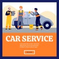 Vector flat illustration for background for car service website template. Team of mechanics at work in garage in cartoon Royalty Free Stock Photo