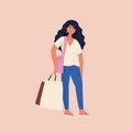 Vector flat illustration of beautiful yong woman with shopping bags. Big sale day.