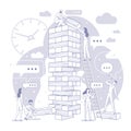 Vector flat illustration big tower jenga with group of young development specialists