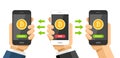 Vector flat illustration of bitcoin send and receive between user phones. Bitcoin cryptocurrency technology operation
