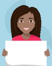 Vector flat illustration of a black woman with a placard in her hands. Racial diversity