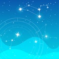 Vector flat Illustration on a blue colors gradient backgroud with constellation of stars, waves, natal chart and soft light. Used