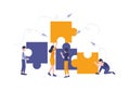 Vector flat illustration, Business concept. Team metaphor. people connecting puzzle elements. Big jigsaw parts with man and woman Royalty Free Stock Photo