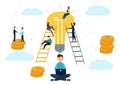 Vector flat illustration, business concept for teamwork, small people sit on the light bulbs in search of ideas, search for new Royalty Free Stock Photo