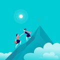 Vector flat illustration with business ladies climbing together on mountain peak top on blue clouded sky background.