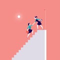 Vector flat illustration with business ladies climbing on top of white stairs together on red background. Royalty Free Stock Photo