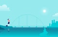 Vector flat illustration with business lady standing at sea coast bridge looking at city on another side.