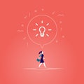 Vector flat illustration with business lady walking forwards her aim inspired new idea isolated on red background.