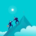 Vector flat illustration with business people climbing together on mountain peak top on blue clouded sky background.