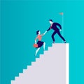 Vector flat illustration with business people climbing together on top of white stairs isolated on blue background. Royalty Free Stock Photo