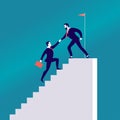 Vector flat illustration with business people climbing together on white stairs isolated on blue background. Royalty Free Stock Photo