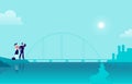 Vector flat illustration with business people standing at sea coast bridge looking at city on another side.
