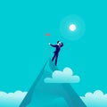 Vector flat illustration with businessman standing on top of mountain peak holding flag on blue clouded sky background.