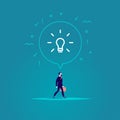 Vector flat illustration with businessman walking forwards his aim inspired new idea isolated on blue background.