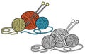 Vector flat illustration for children coloring book in a doodle style. Group of Balls of yarn for knitting