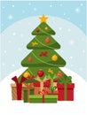 Vector flat illustration of a Christmas tree. New Year`s green spruce decorated with toys and Christmas gifts. EPS10 Royalty Free Stock Photo